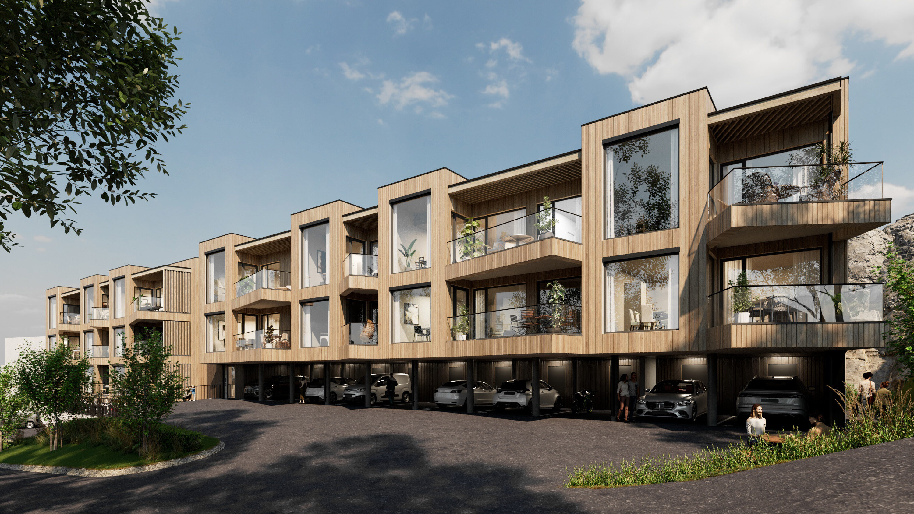 Kirkelia 25 — interaktiv boligvelger over 3D-visualisering av leilighetsbygg